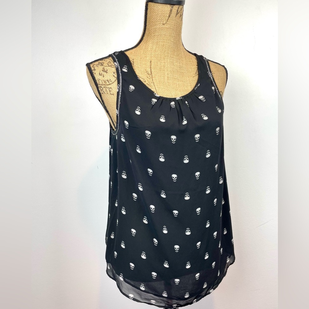 Vtg Temperance Skull Print Semi Sheer Chiffon Top With Chain Trim Small Goth